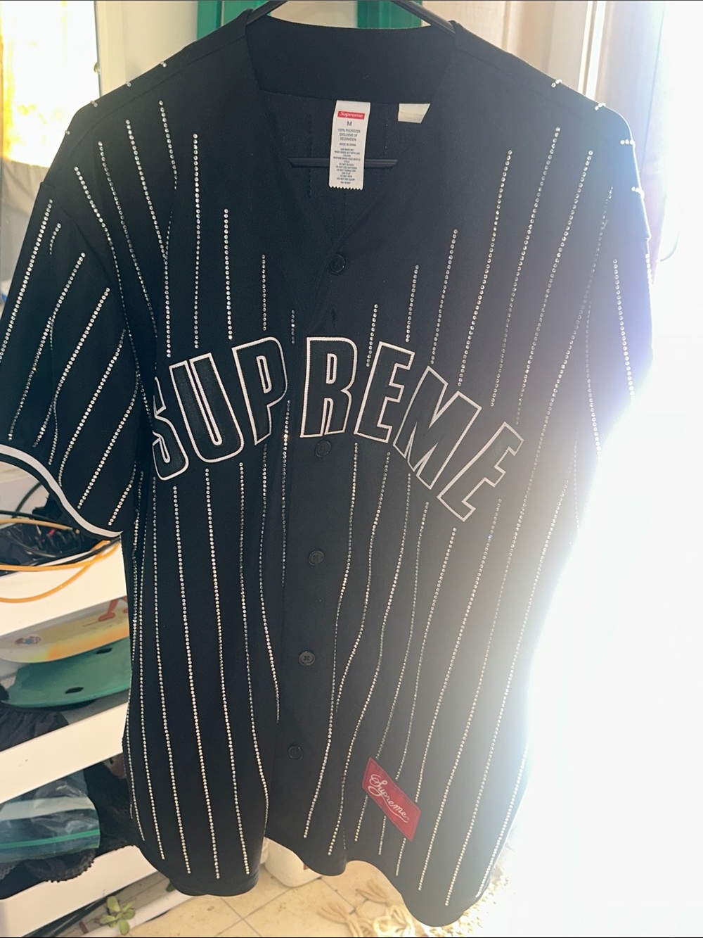 Supreme Black Pinstripe Logo Baseball Jersey with White Trim